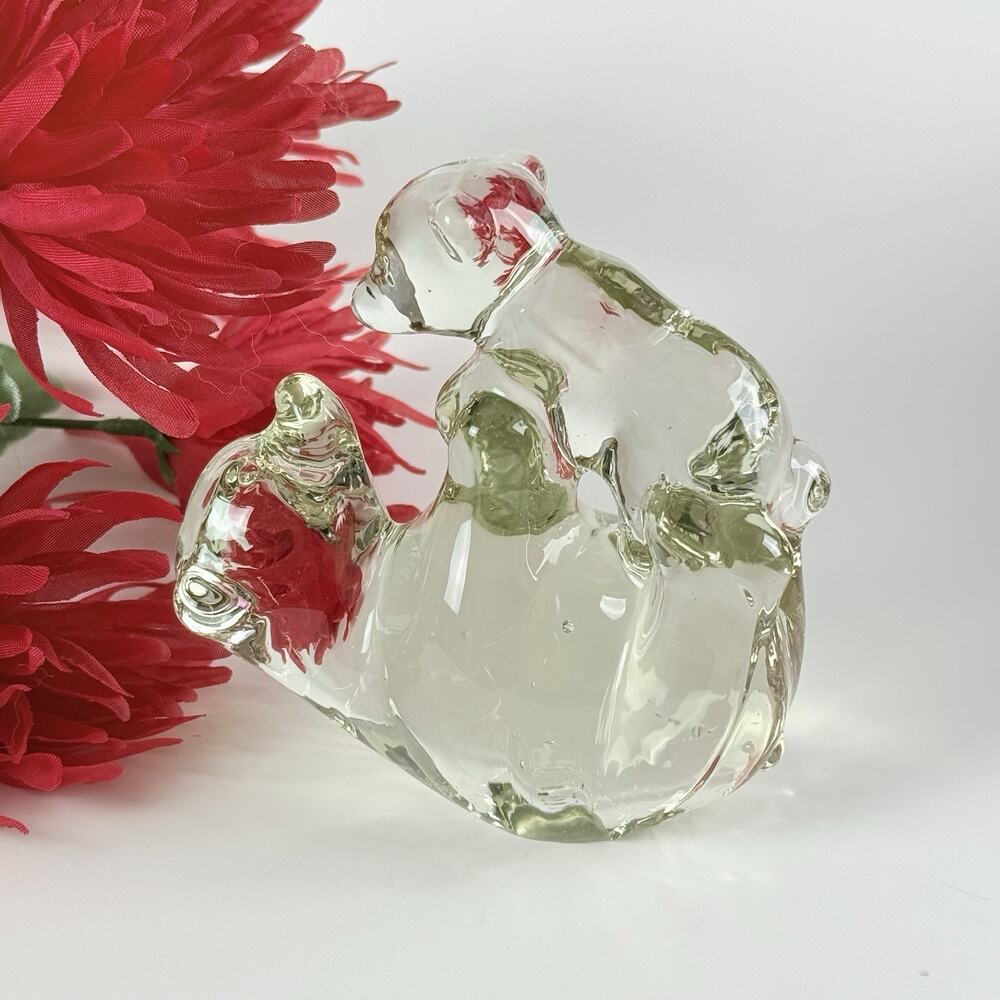 Vintage Crystal Mother Bear and Cub Paperweight Playtime Mama Baby Gift